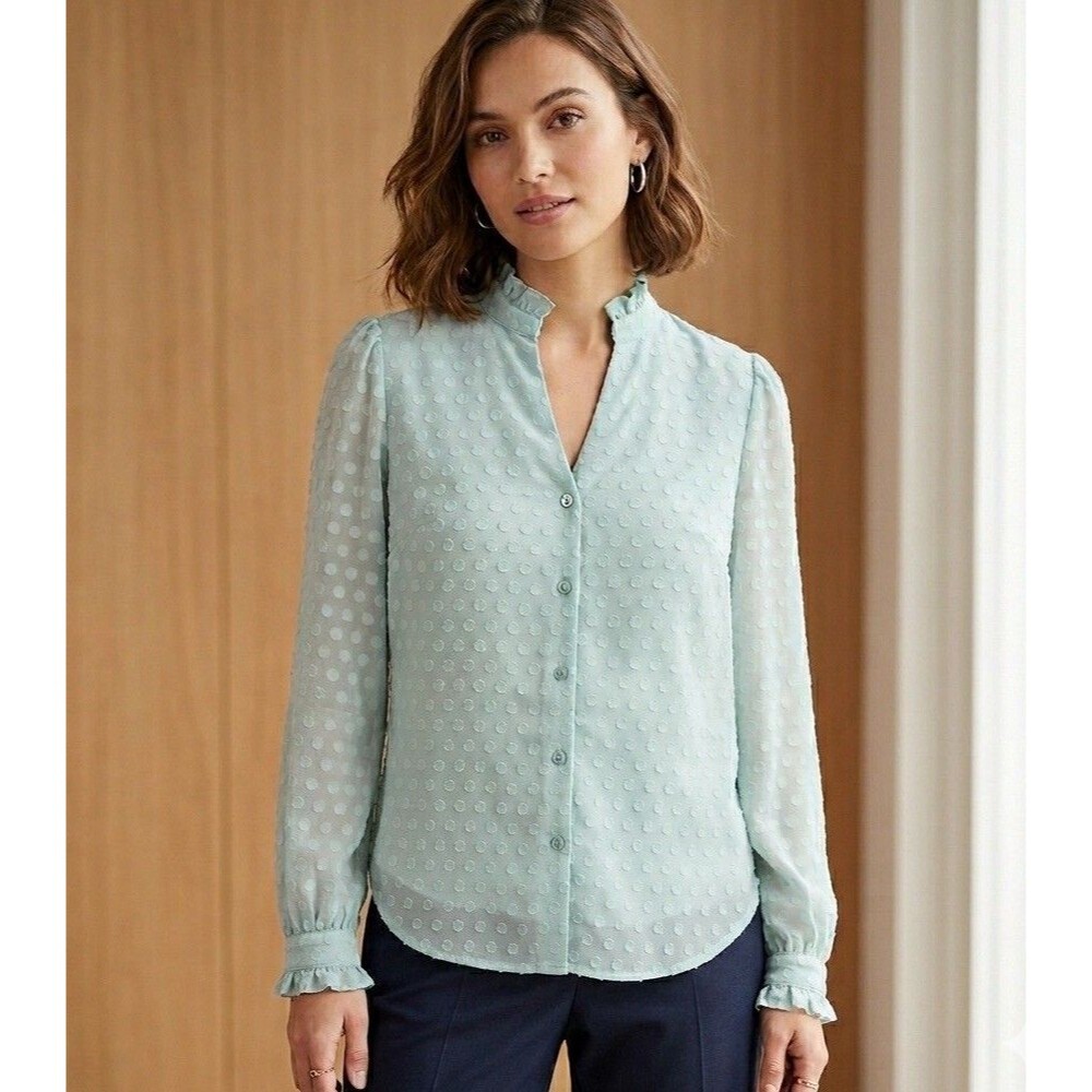 Ann Taylor Clip Dot Blouse Sz M Mint Green Ruffle High Neck Long Cuff Sleeve